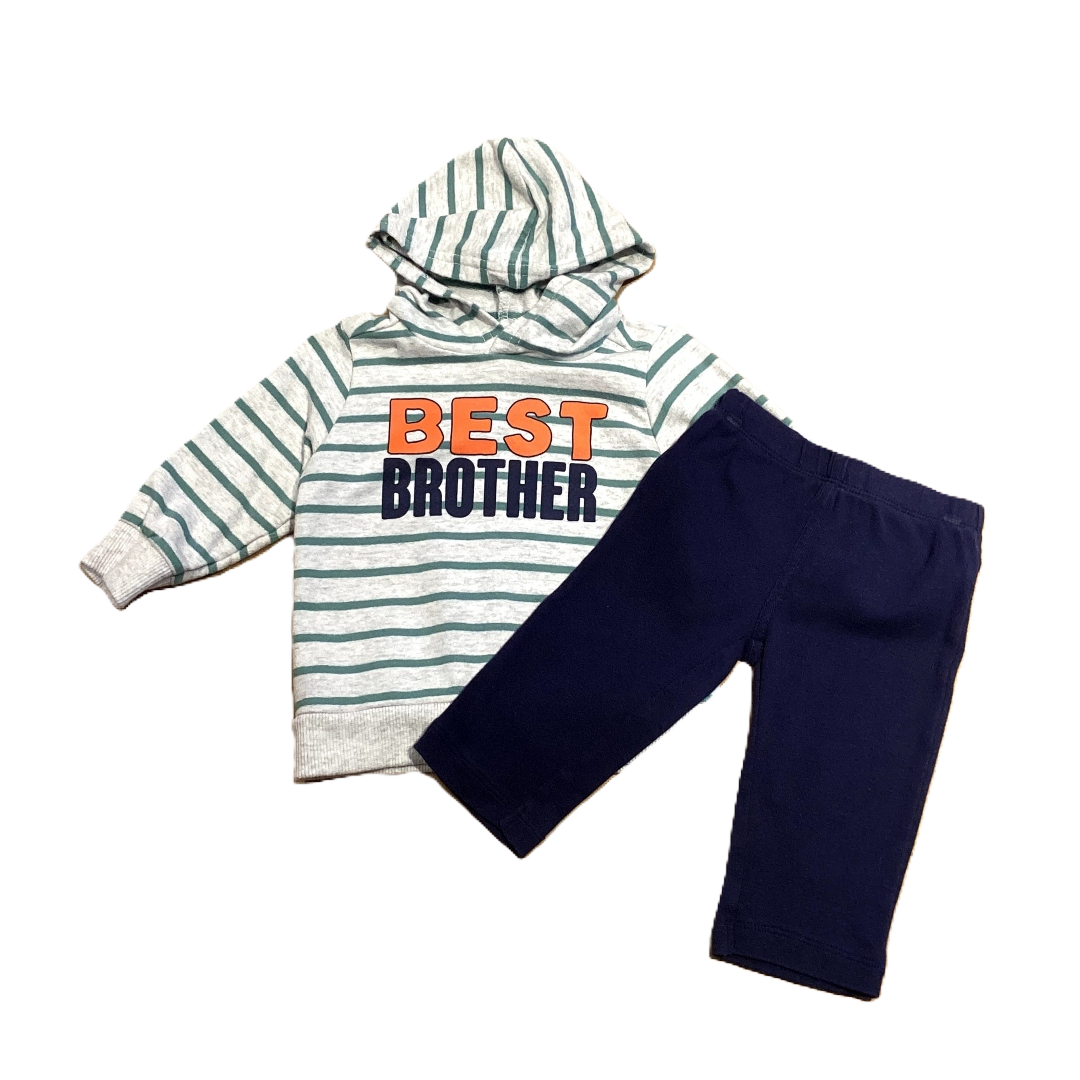3-6 Boys Carter's Green and Gray Striped Best Brother Sweatshirt with Hood, Carter's Navy Blue Pants