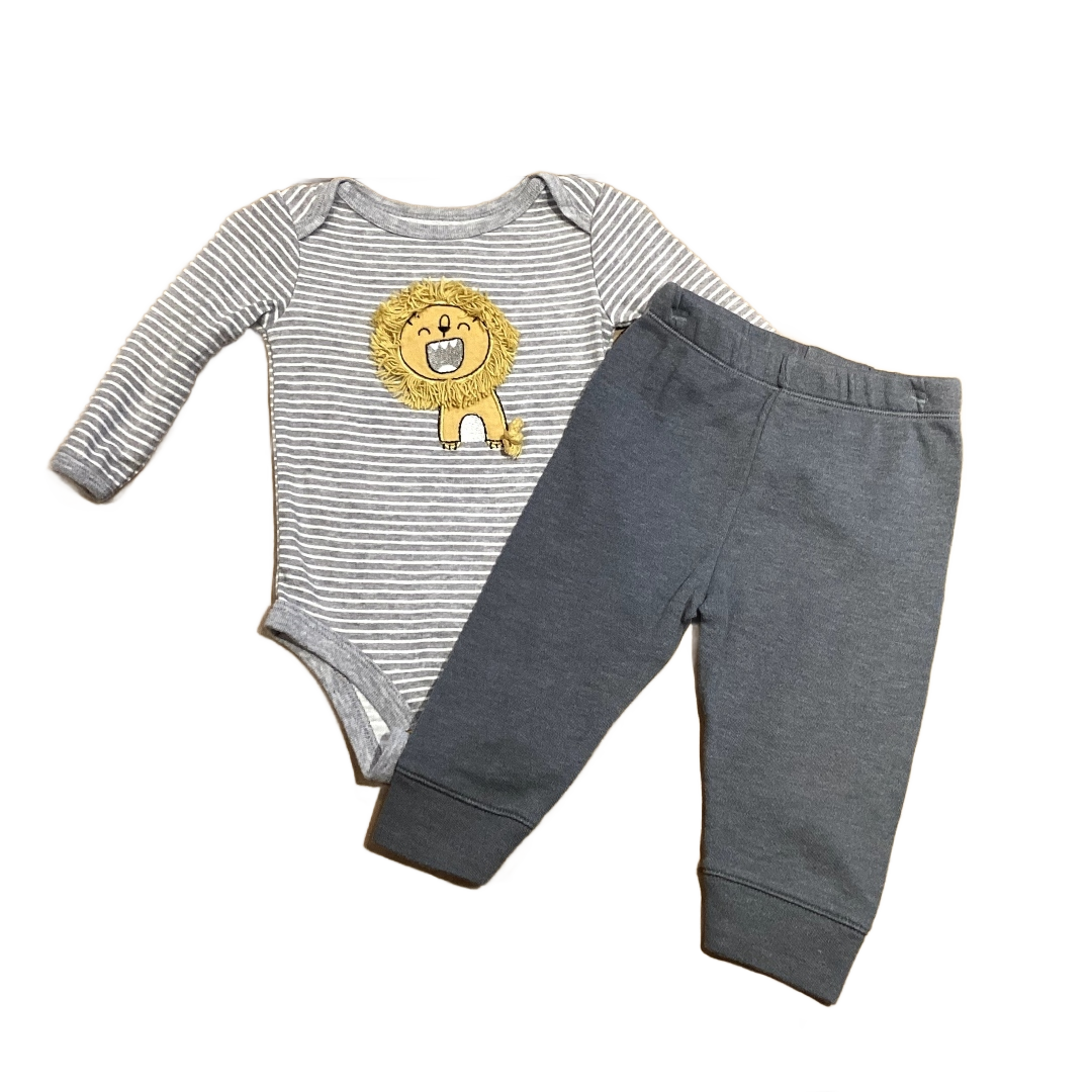 3-6 Boys Just Born Gray and White Striped Lion Onesie with 3D Fur, Cloud Island Gray Leggings