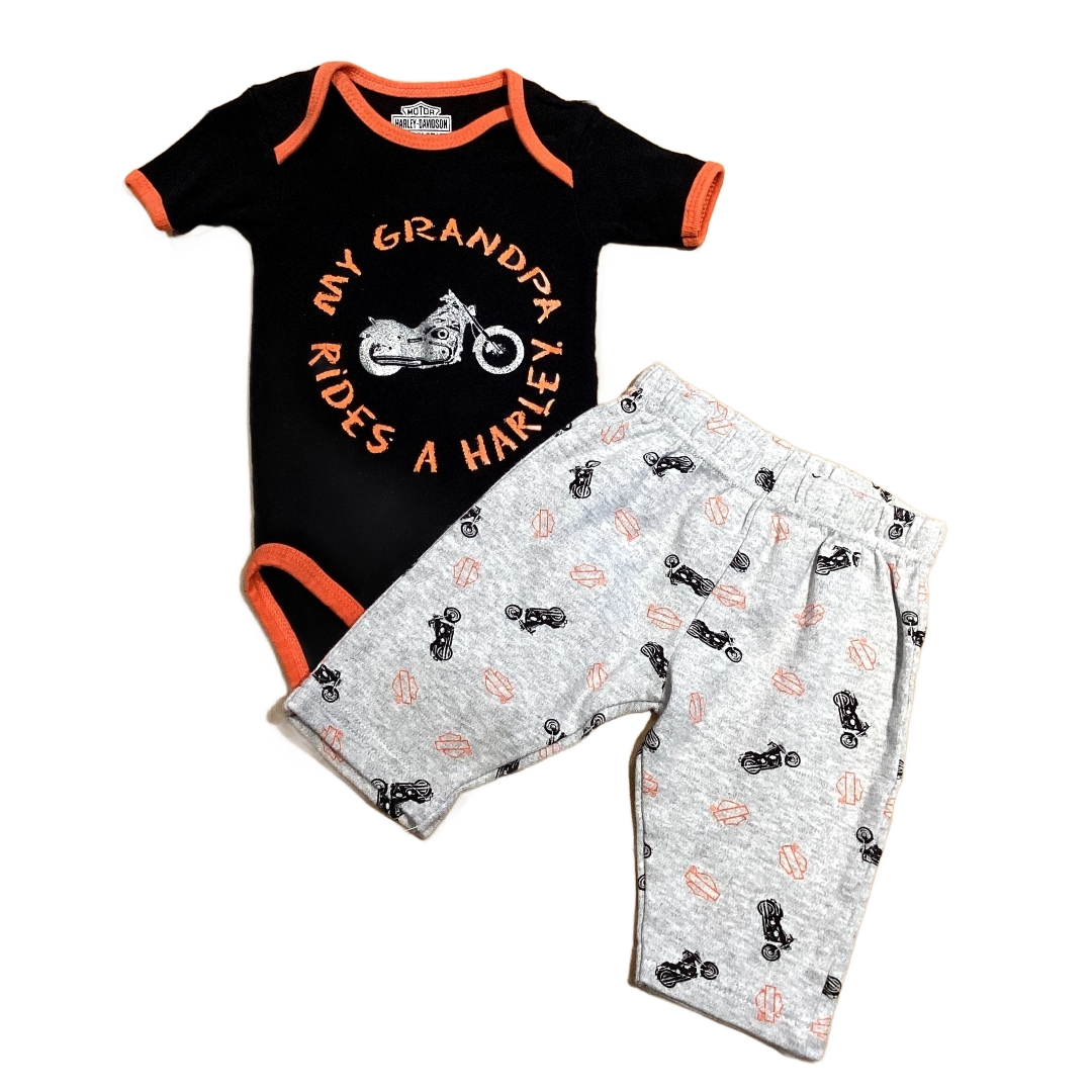 3-6 Boys Harley Davidson Black My Grandpa Rides A Harley Onesie with Matching Gray Patterned Pants