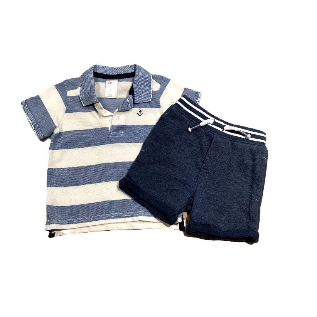 3-6 Boys H&M Blue and White Thick Striped Polo, Garanimals Cloth Shorts