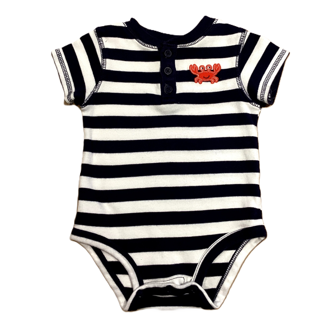 3-6 Boys Carter's Navy Blue and White Striped Short Sleeve Onesie with Crab Decal