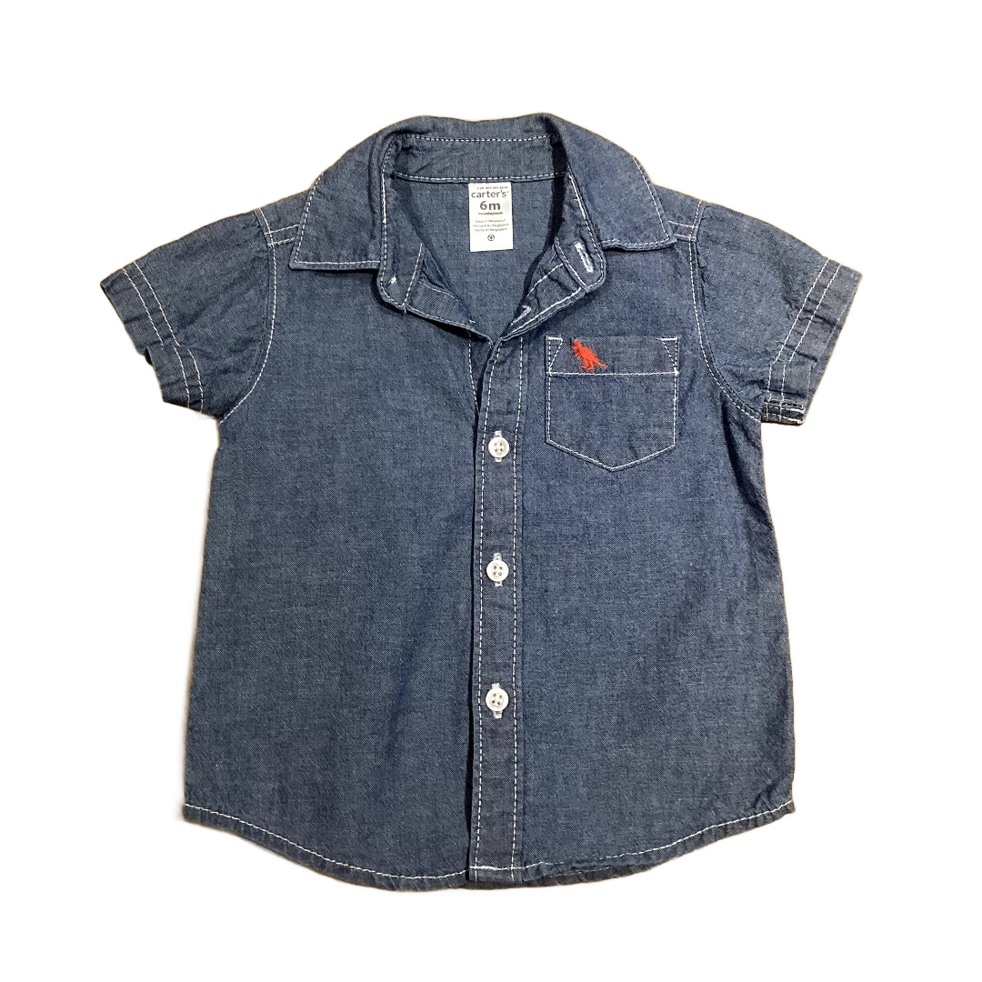 3-6 Boys Carter's Denim Button Down Shirt with Orange Dinosaur On Breast Pocket