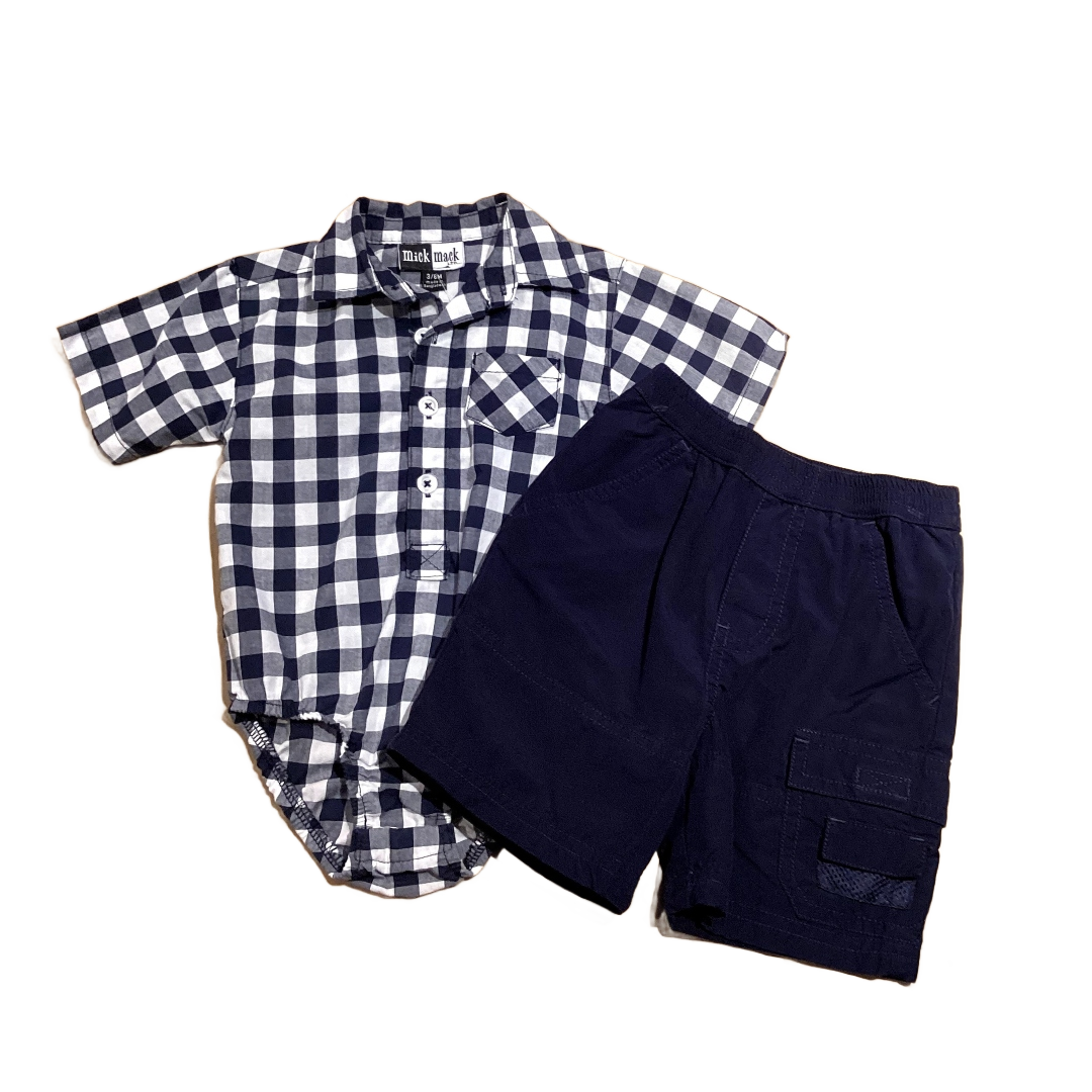 3-6 Boys Mick Mack Navy Blue and White Plaid Collared Button Down Onesie, Cherokee Navy Blue Cargo Shorts