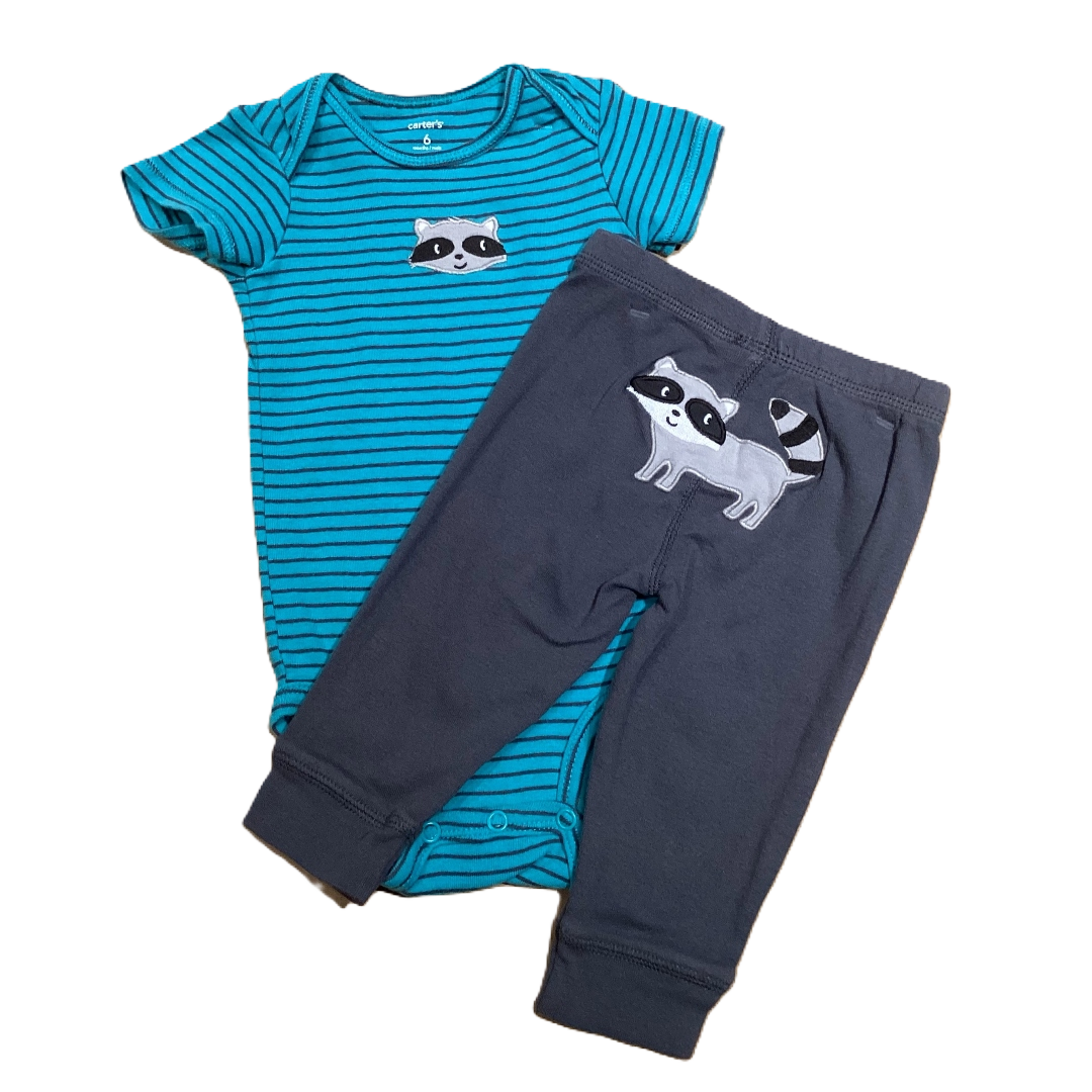 3-6 Boys Carter's Teal and Gray Raccoon Onesie with Matching Leggings, Raccoon On The Butt