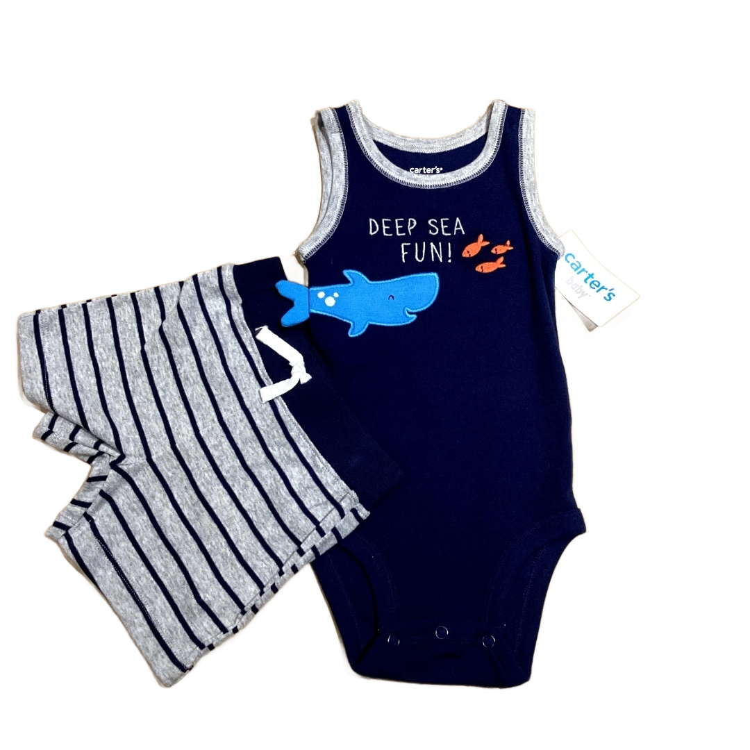 3-6 Boys Carter's NWT Navy Blue Deep Sea Fun with 3D Shark Tail Onesie, Matching Shorts Still Attached