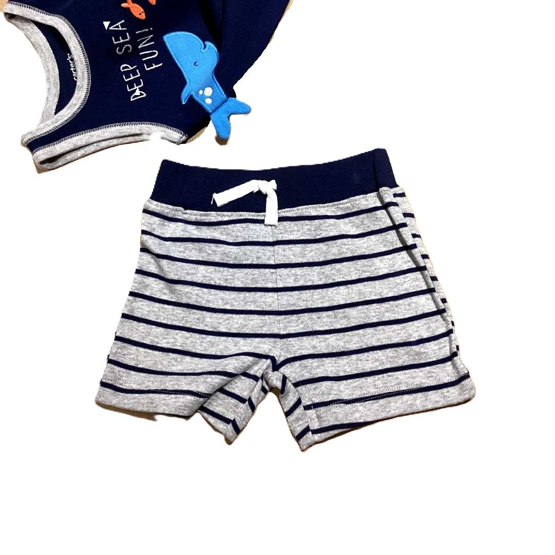 3-6 Boys Carter's NWT Navy Blue Deep Sea Fun with 3D Shark Tail Onesie, Matching Shorts Still Attached
