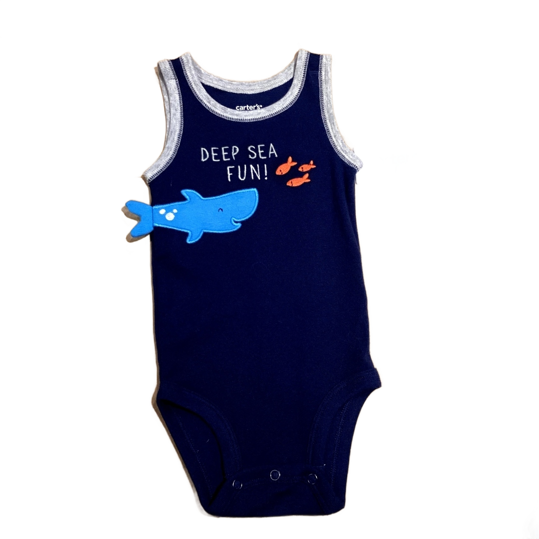 3-6 Boys Carter's NWT Navy Blue Deep Sea Fun with 3D Shark Tail Onesie, Matching Shorts Still Attached