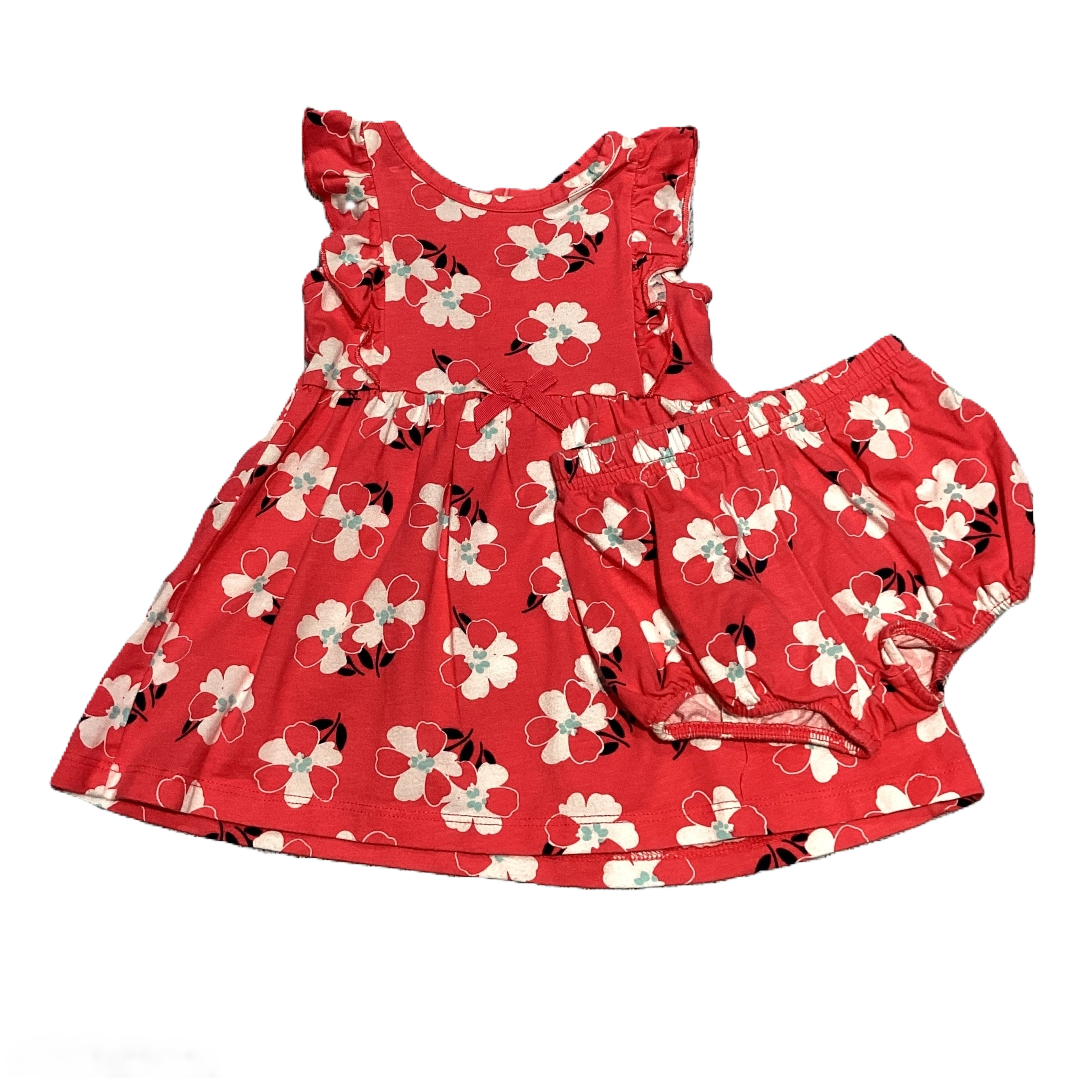 6-9 Girls Simple Joys Salmon Dress w/Tropical Flowers, Bloomers
