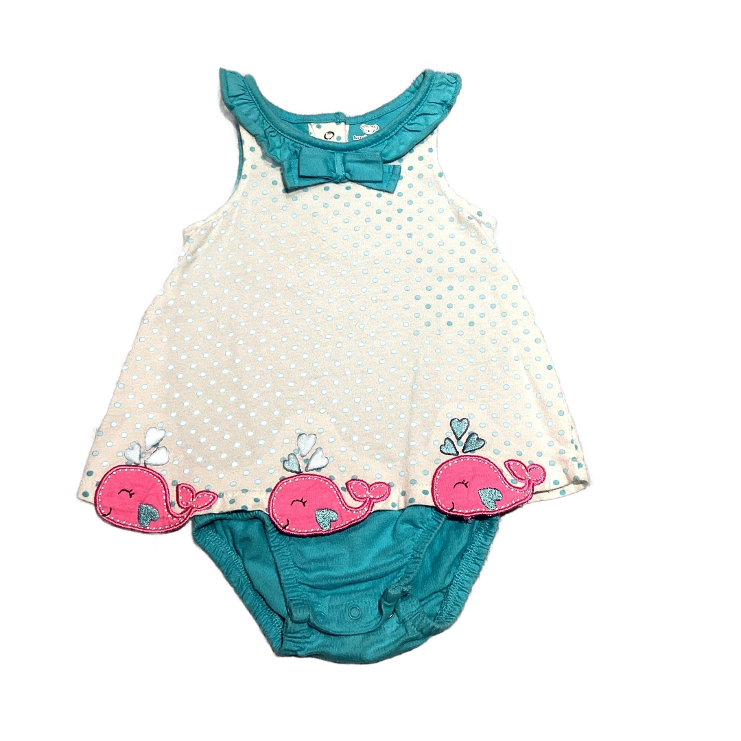 6-9 Girls Koala Baby White/Turquoise Dress w/Built in Onesie and Whales