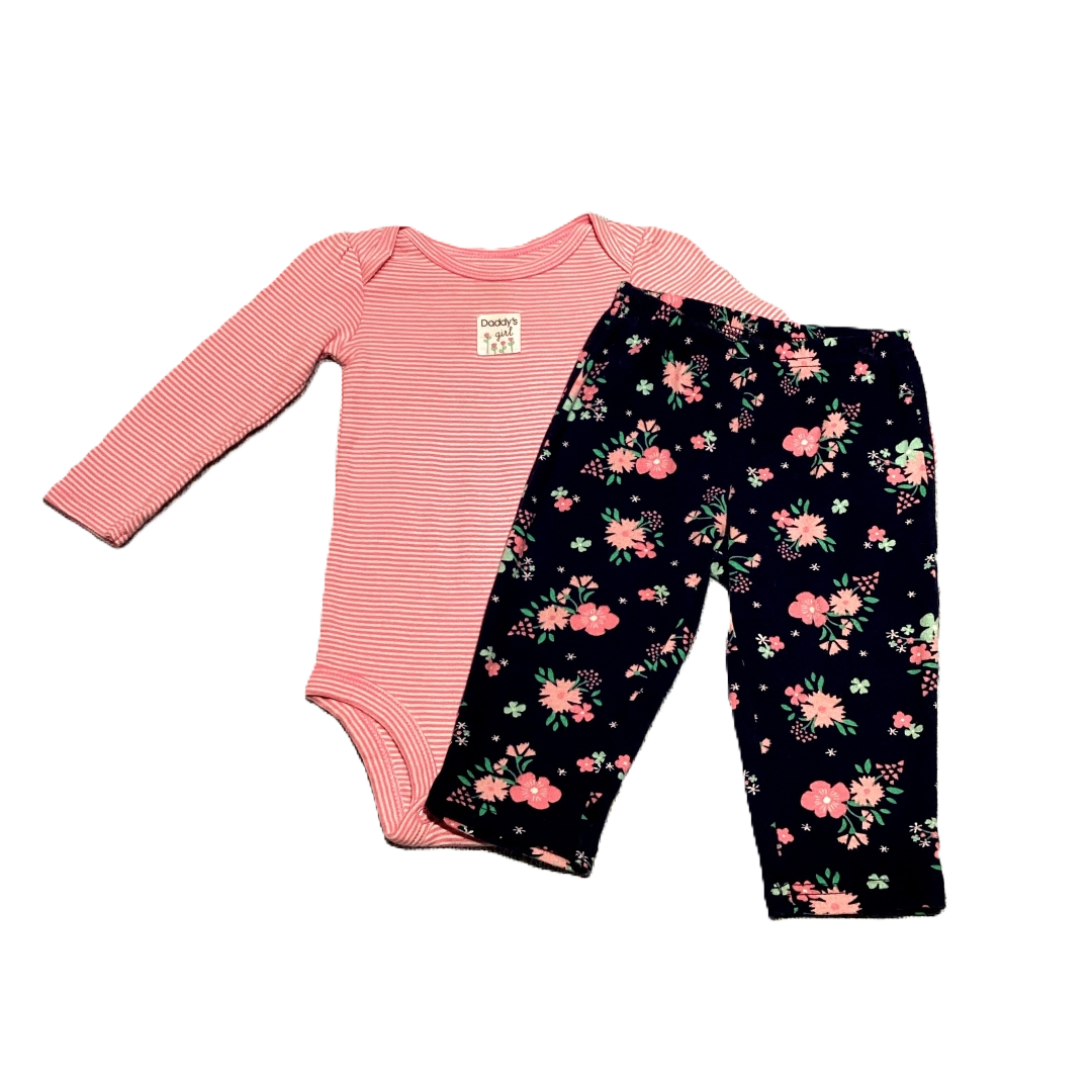 6-9 Girls Simple Joys Hot Pink/White Striped Long Sleeve Onesie, Just One You Navy/Pink Floral Pants