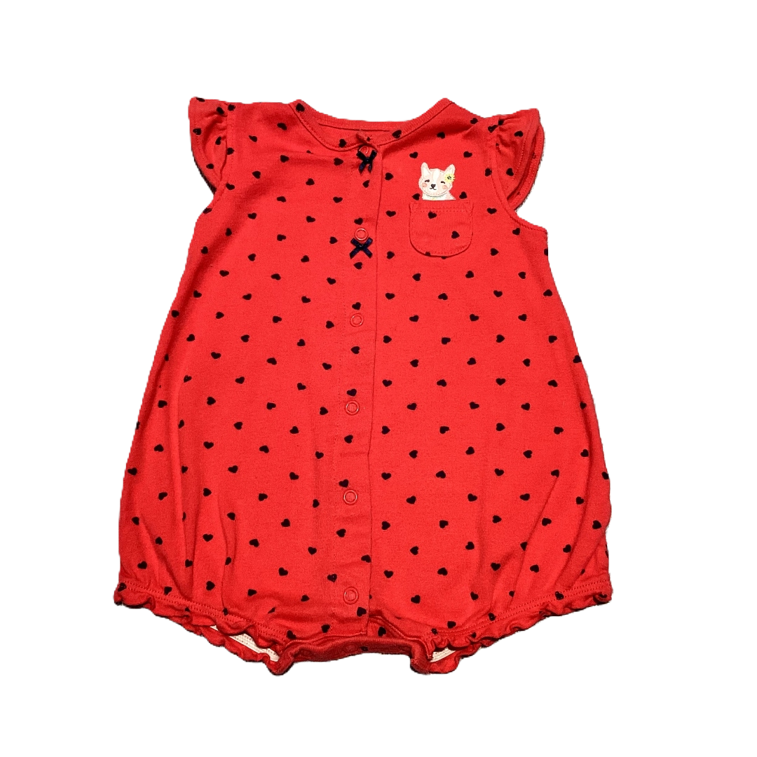 6-9 Girls Carter's Salmon Romper w/Blue Heart Polka Dots, Pups in Pocket