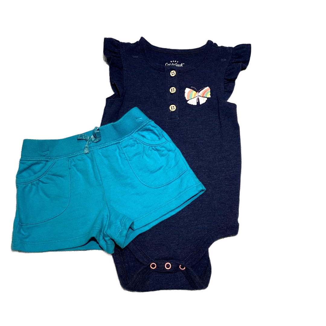 6-9 Girls Cat & Jack Navy Sleeveless Onesie, Jumping Beans Bright Blue Shorts