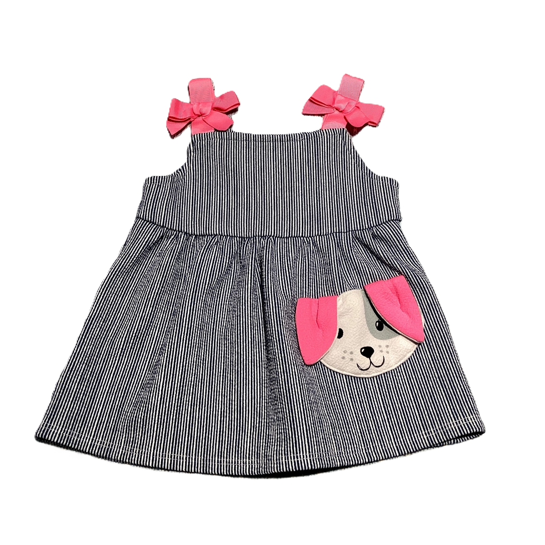 6-9 Girls Youngland Baby Navy/White Stripe Dress w/Floppy Ear Dog Pocket