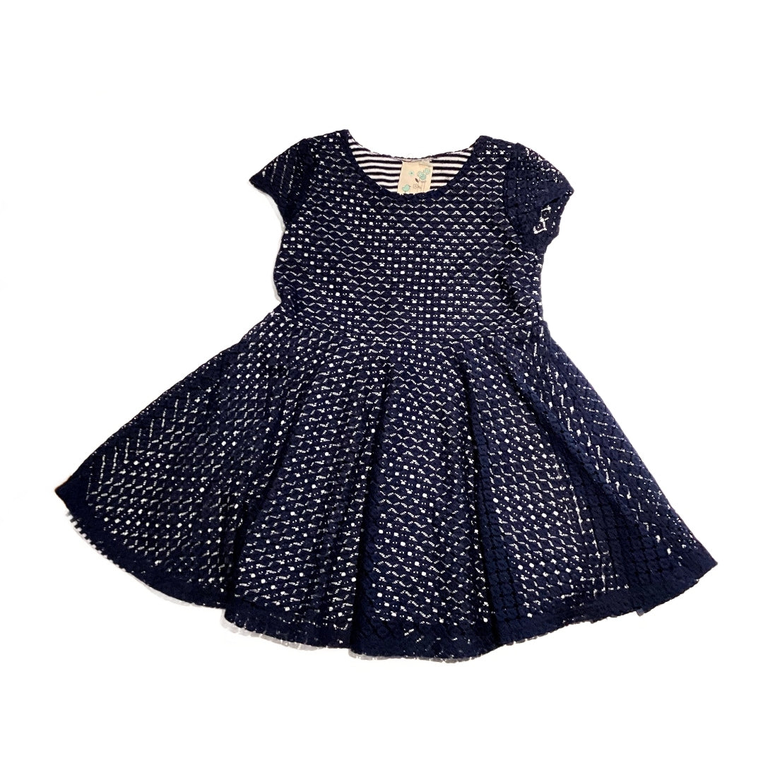 3T Girls Lily Bleu Navy Blue and White Patterned Dress with Striped Slip Underneath
