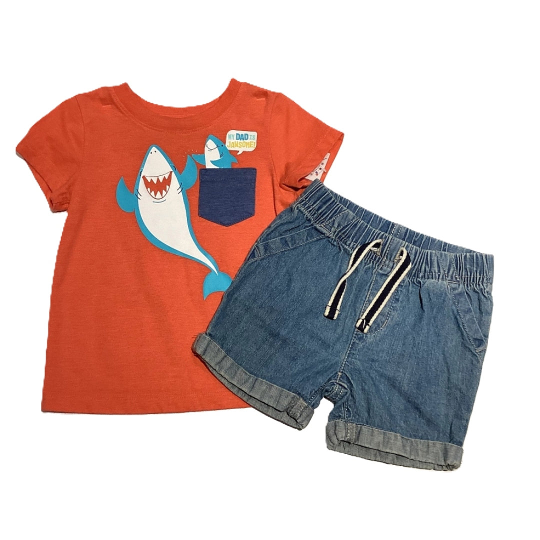 9-12 Boys Cat & Jack Orange My Dad Is Jawsome Shark T-Shirt, Jumping Beans Stretchy Denim Shorts