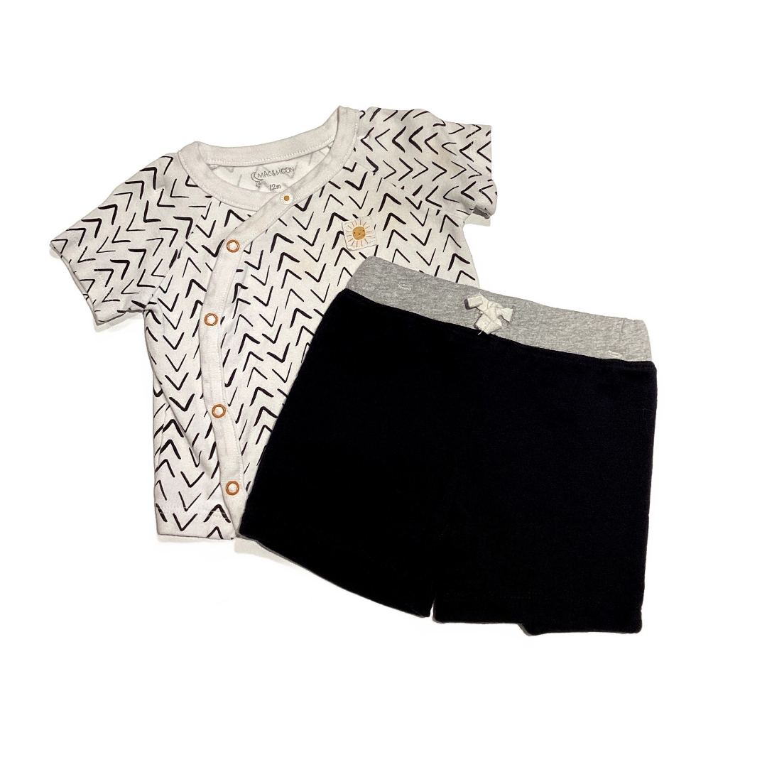 9-12 Boys Mac & Moon White and Black Line Pattern with Yellow Clasps, Carter's Black and Gray Shorts