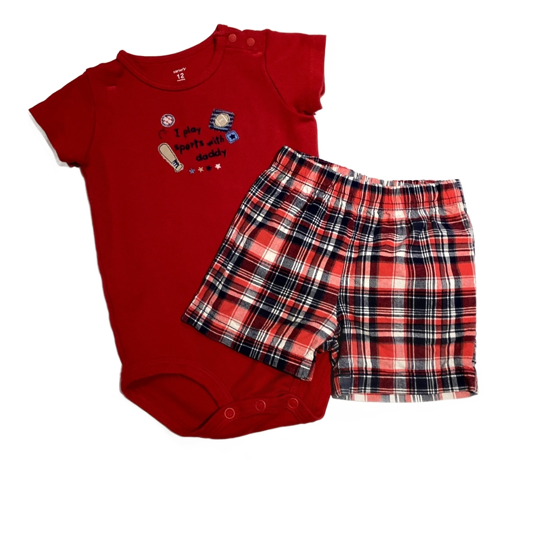 9-12 Boys Carter's Red I Play Sports with Daddy Onesie, Carter's Red and Blue Plaid Shorts