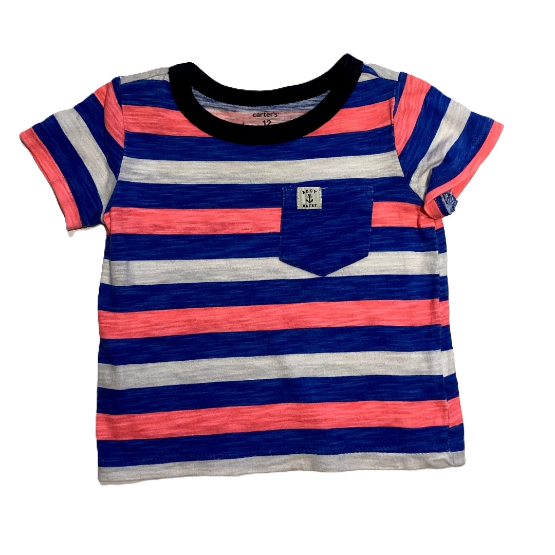 9-12 Boys Carter's Blue , Neon Pink, and White Striped T-Shirt