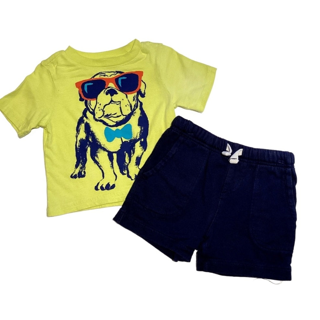 9-12 Boys 1989 Vibrant Yellow Dog T-Shirt, Carter's Navy Blue Cloth Shorts