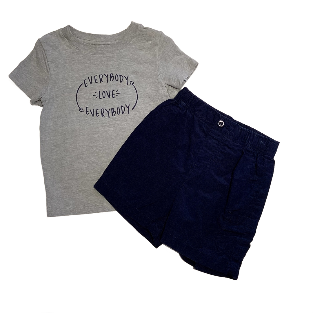 9-12 Boys Cat & Jack Gray Everybody Love Everybody T-Shirt, Jumping Beans Navy Blue Cargo/Khaki Shorts
