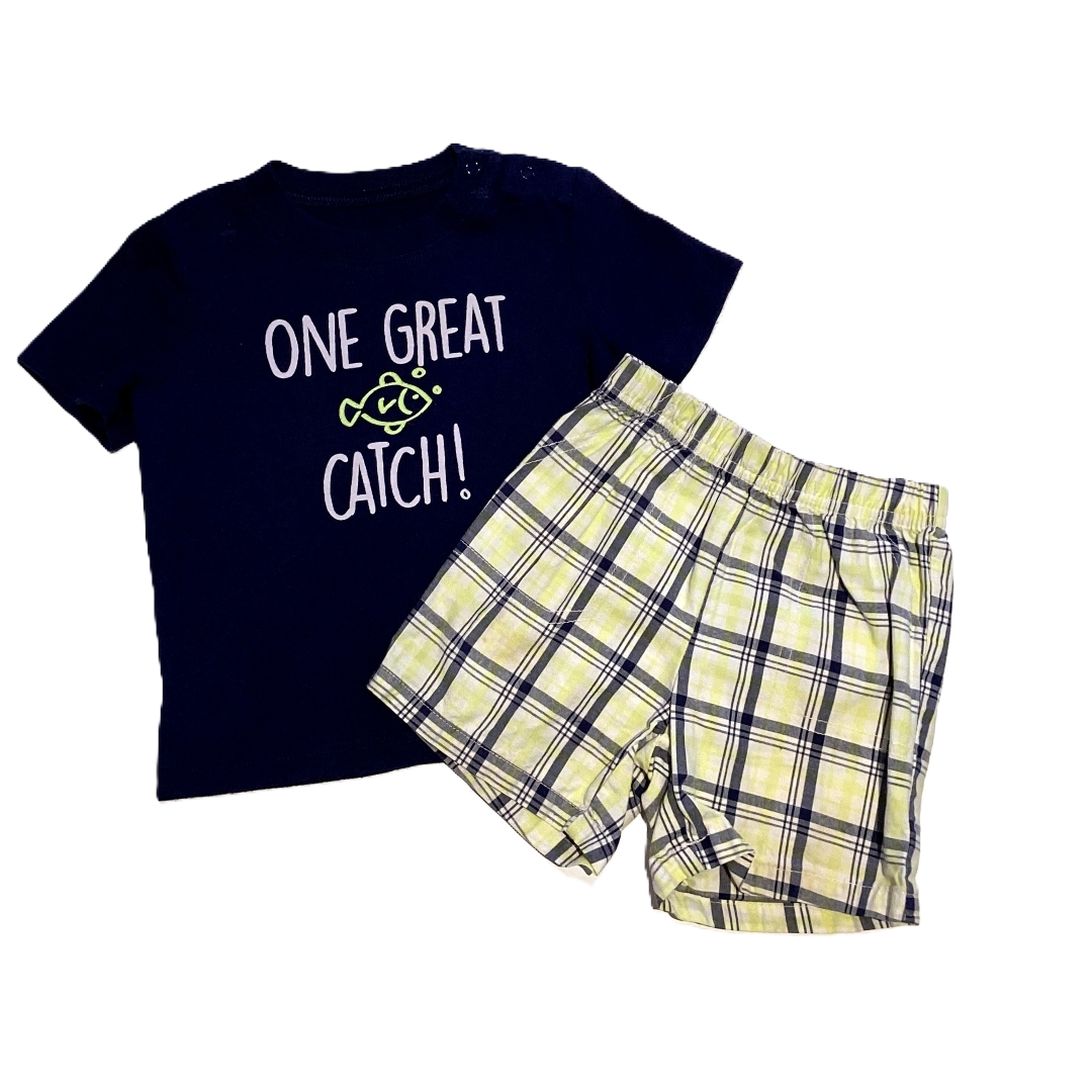 9-12 Boys Cherokee Navy Blue One Great Catch T-Shirt, Just One You Yellow, Navy and White Plaid Shorts