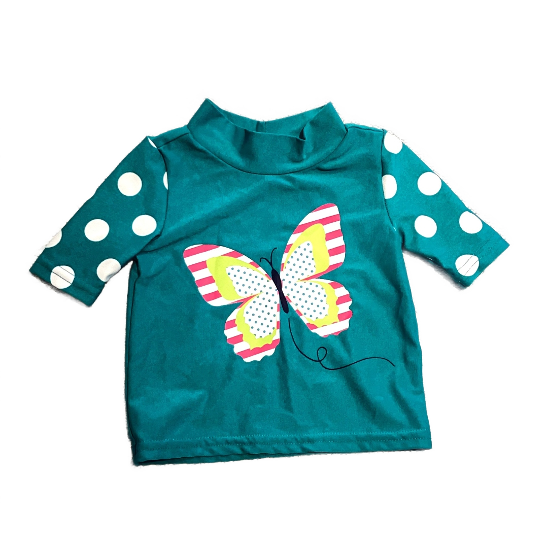6-9 Girls 1989 Teal and White Polka Dot and Butterfly Shirt