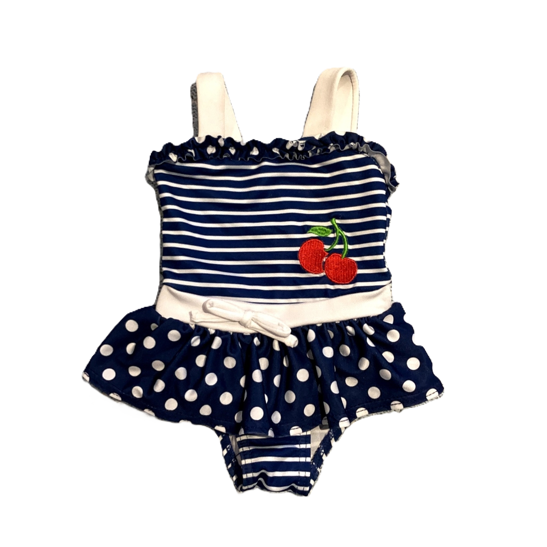 6-9 Girls Penelope Mack Blue and White Multi-Print One-Piece With Cherry Decal