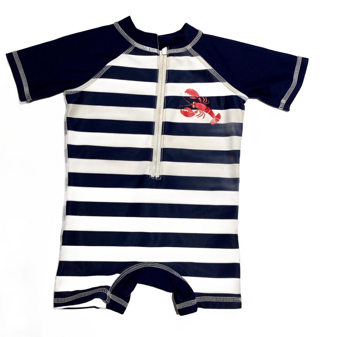 3-6 Boys Floatimini Navy and White Striped One Piece Swimsuit with Lobster Decal