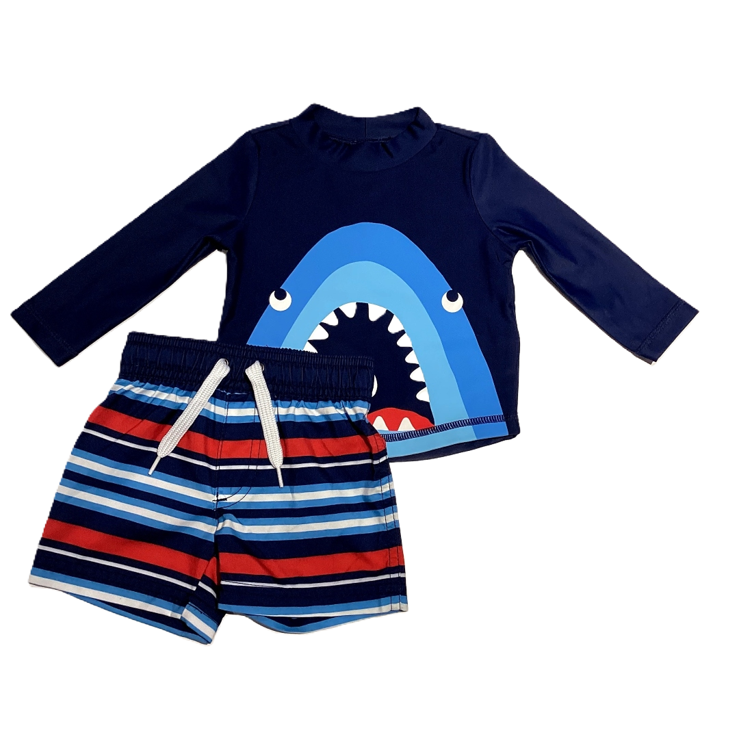 3-6 Boys Simple Joys Navy Blue Shark Shirt With Red and White Striped Shorts