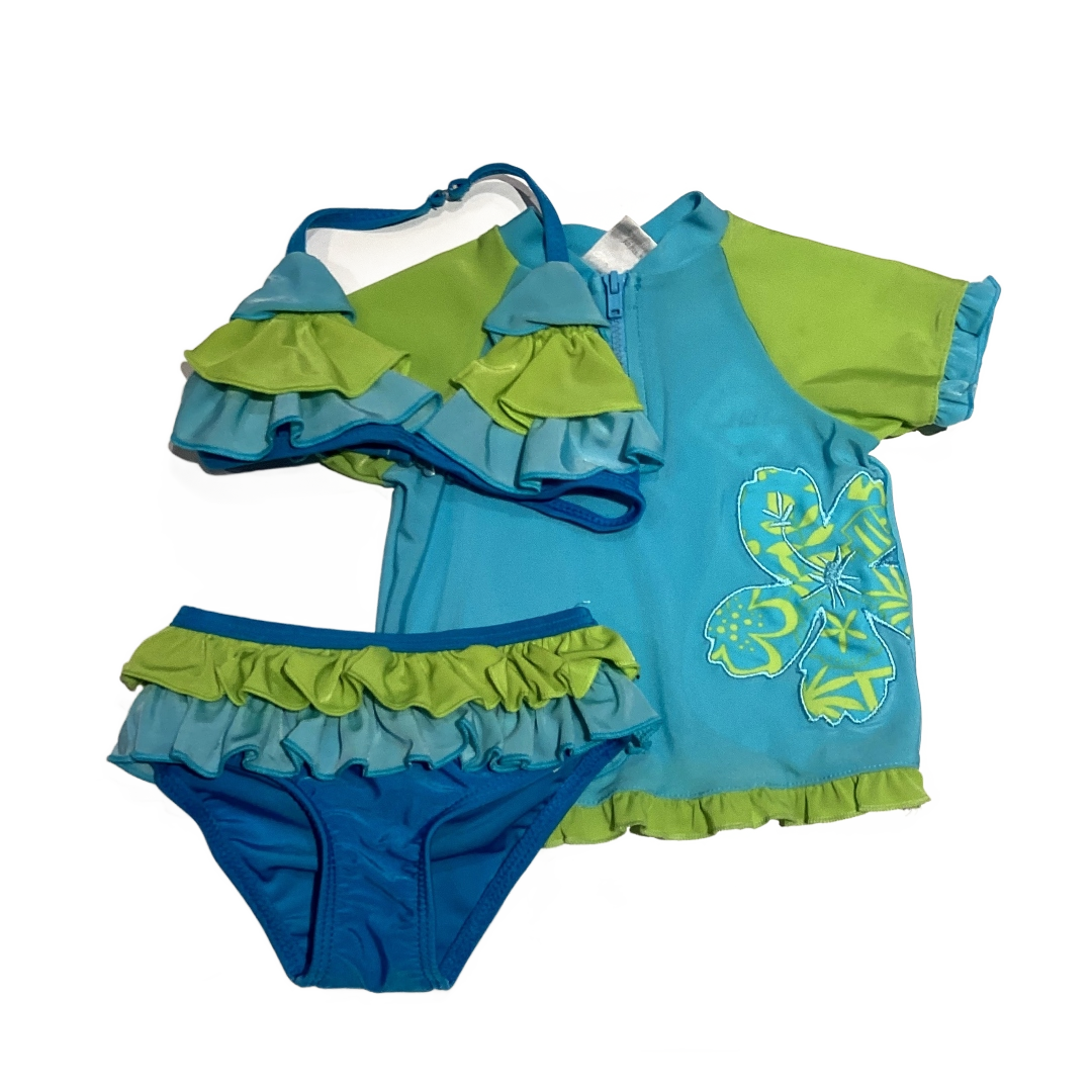 6-9 Girls Koala Kids Light Green and Light Blue Matching Floral Shirt With Ruffled Bikini Top and Matching Bottoms