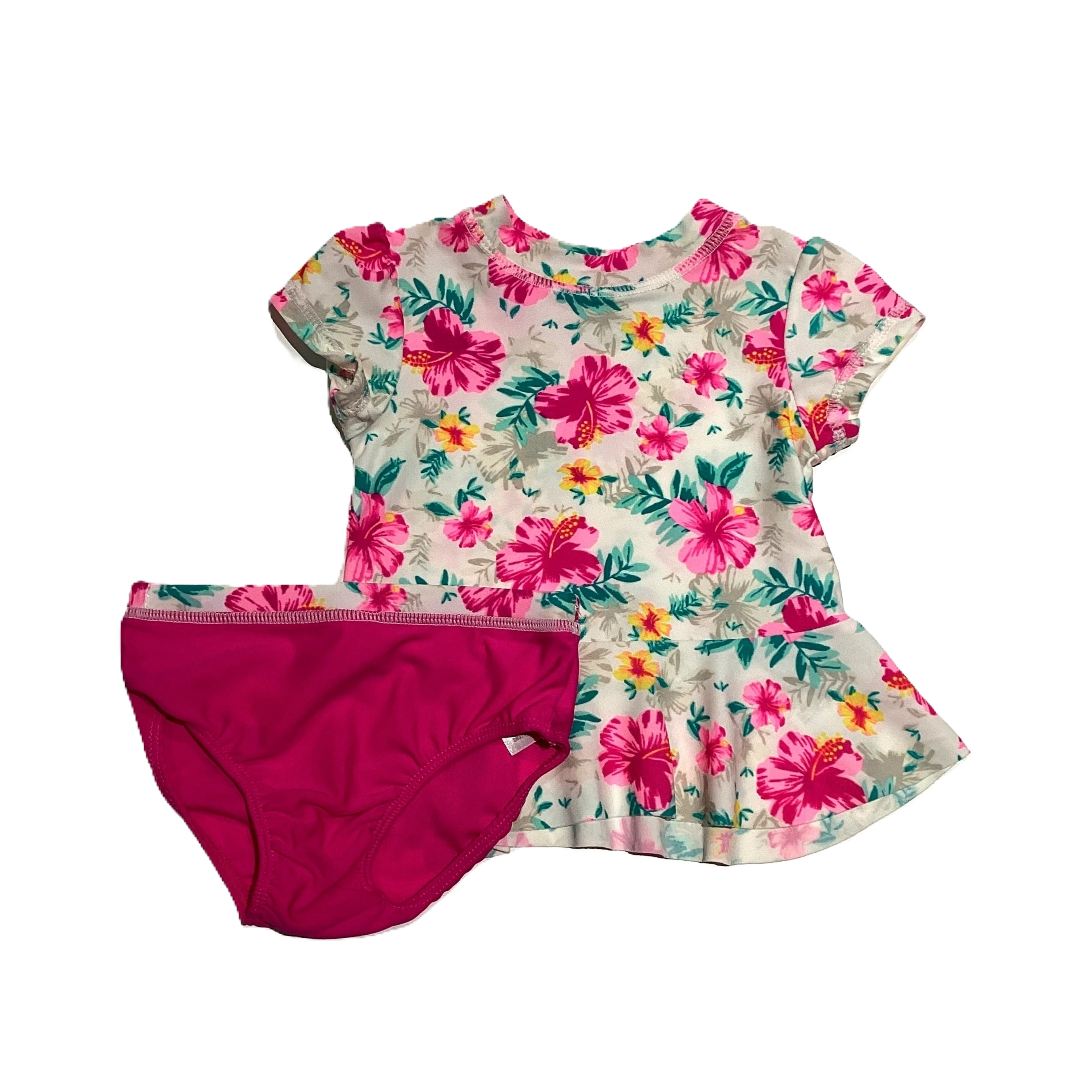 6-9 Girls Koala Kids White and Multi-Colored Floral Shirt With Ruffled Bottom, Matching Pink Bottoms