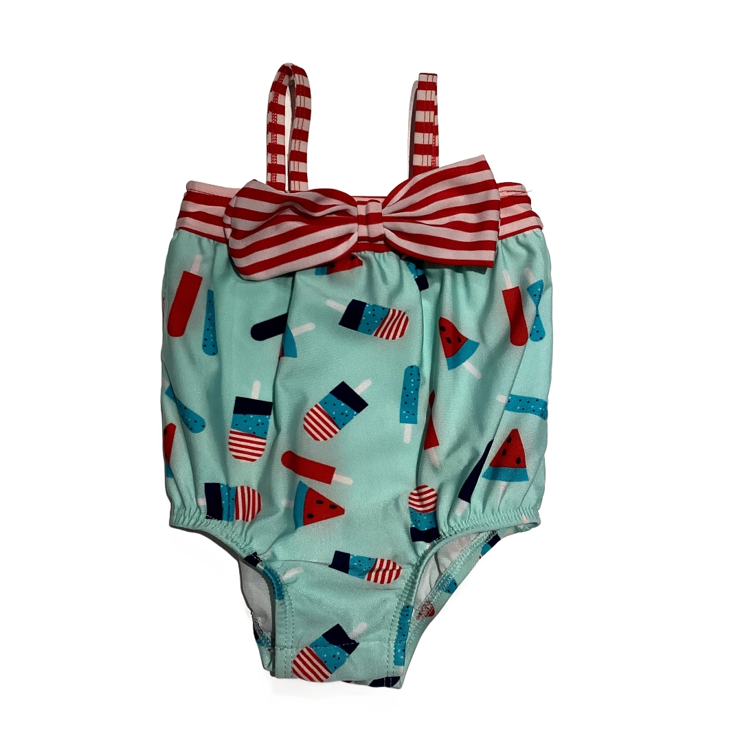 6-9 Girls Cat & Jack Sky Blue, Red and White Popsicle One Piece With Striped Bow and Straps