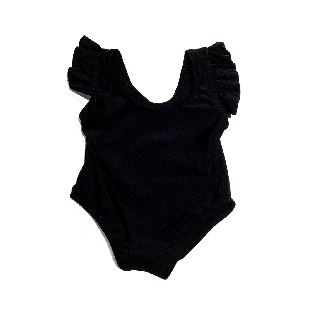 6-9 Girls Black One-Piece With Ruffled Straps