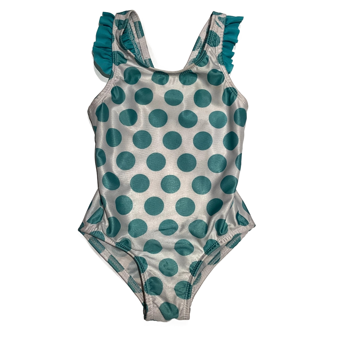 2T Girls White One Piece w/Turquoise Polka Dots