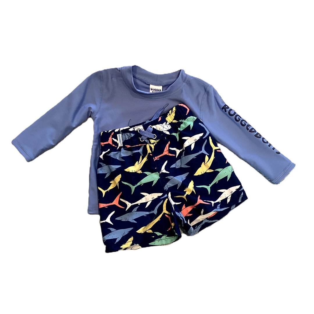 6-12 Boys Rugged Butts Cornflower Blue Swim Long-Sleeved Shirt with Matching Dark Blue Multi-Colored Swim Trunks