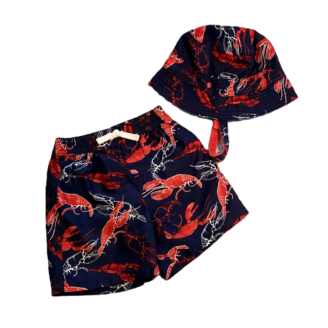 6-12 Boys Baby Gap Navy Blue and Red Lobster Patterned Swim Trunks w/Matching Hat