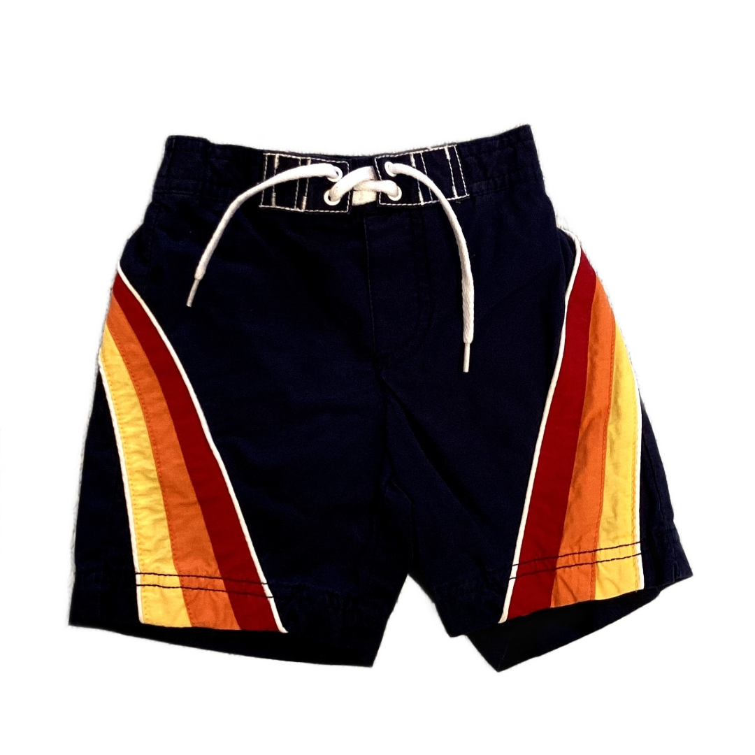 6-12 Boys Old Navy Navy Blue/Red/Orange/Yellow Diagonal Patterned Swim Trunks