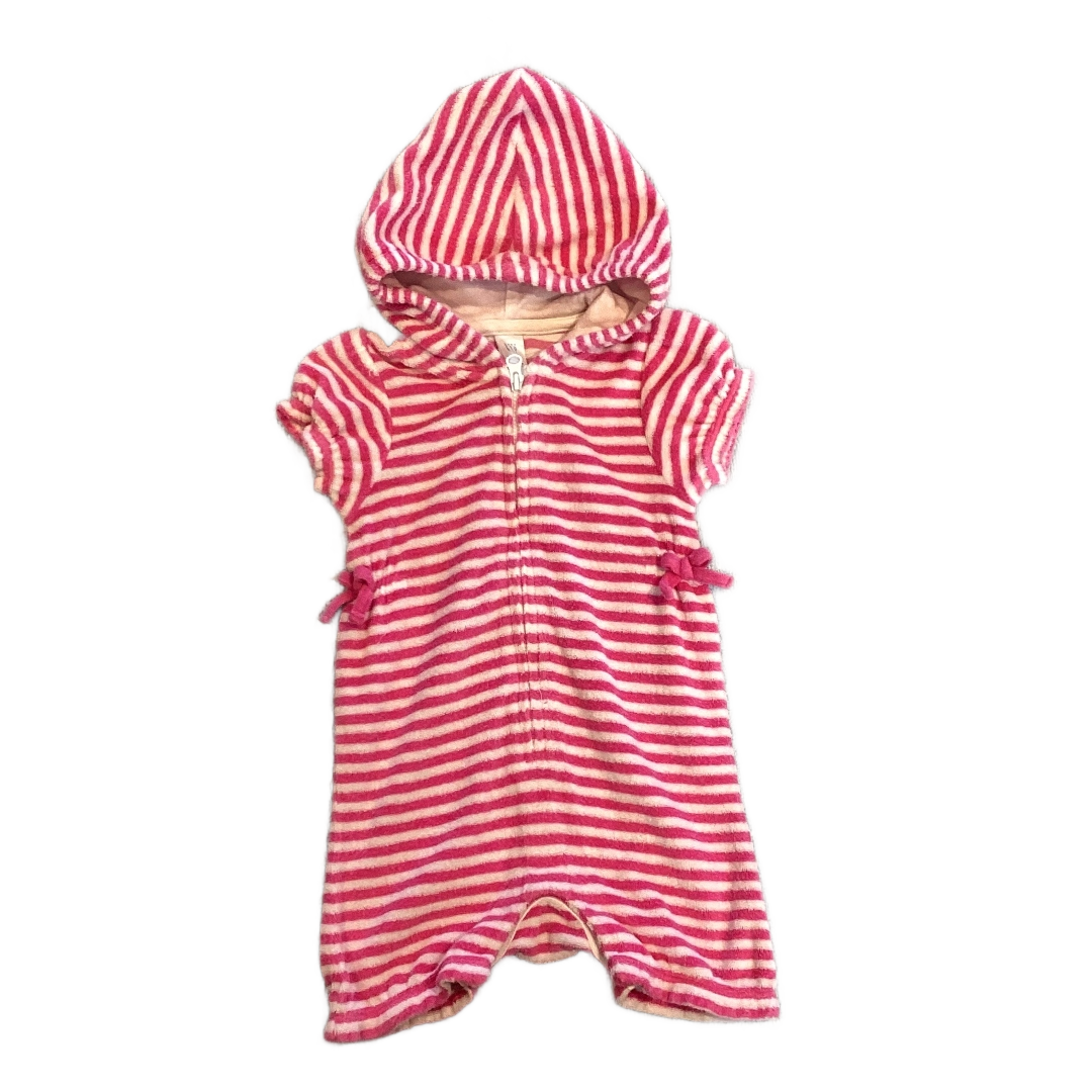 6-12 Girls Baby Gap White and Hot Pink Striped Terry Cloth Swim Coverup With Hood