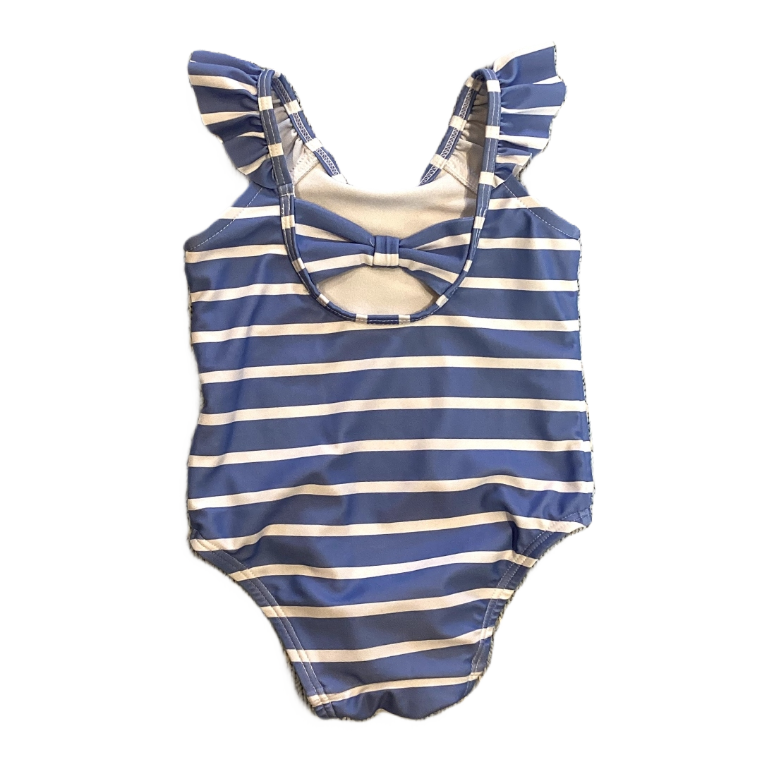 0-6 Girls Baby Gap Blue and White Striped Cherry One-Piece Swimsuit w/ Bow on Back