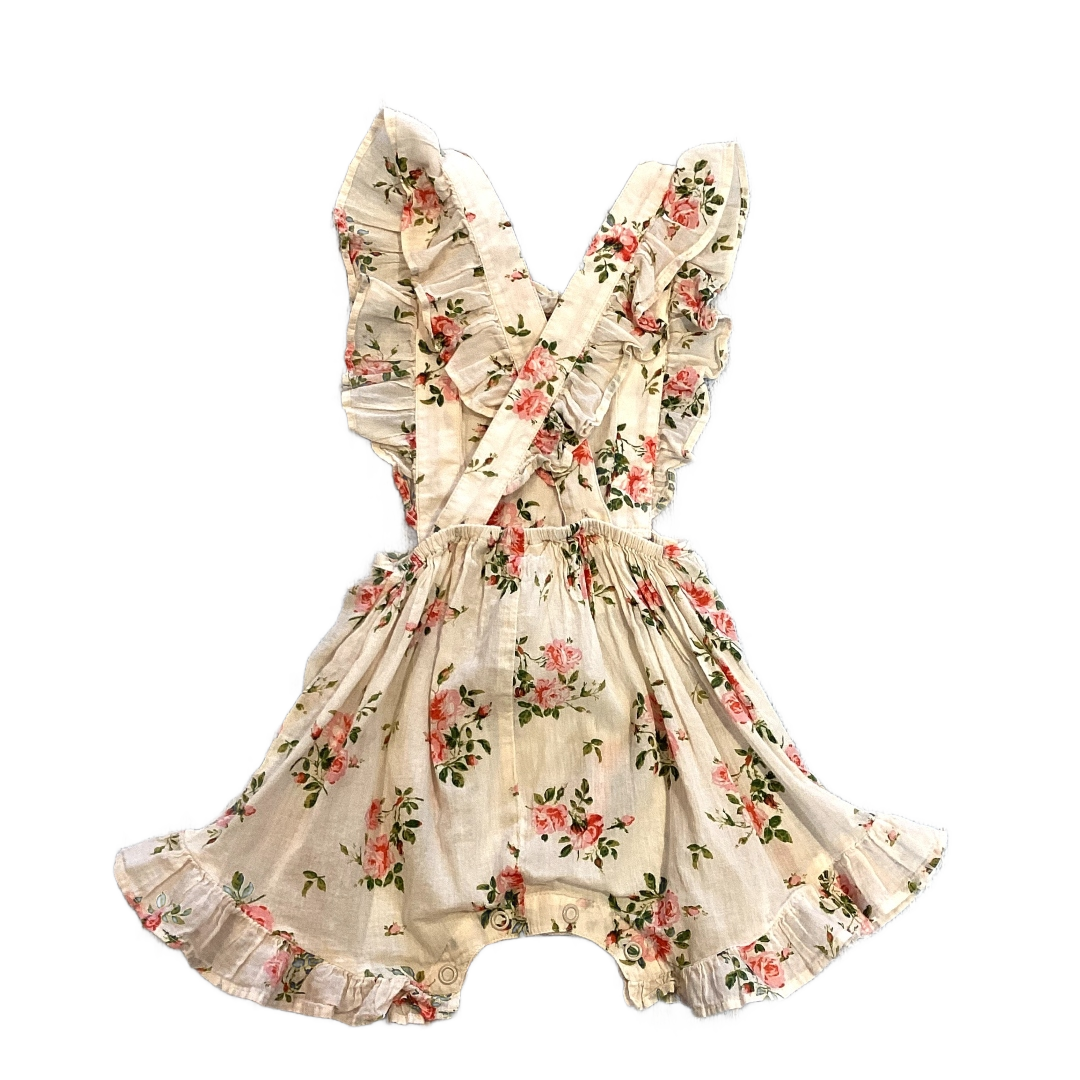 6-12 Girls Happy Nature Ivory and Rose Patterned Overalls w/Ruffles, Crossed Back