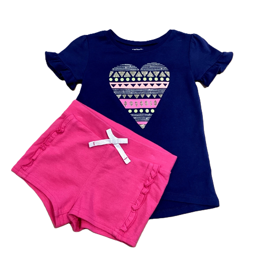 2T Girls Carter's Navy Shirt w/Hot Pink/Peach/Gold Glitter Heart, Jumping Beans Shorts