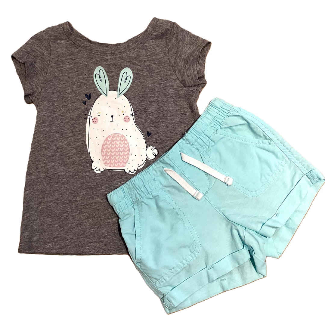 2T Girls Cat & Jack Gray Bunny Shirt w/Mint Ears, Jumping Beans Mint Shorts