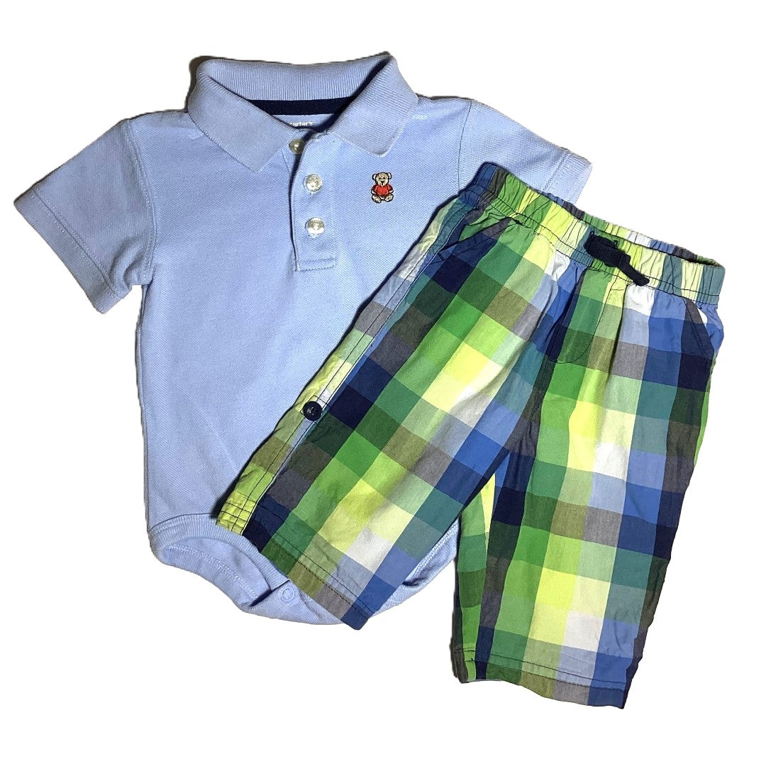 3-6 Boys Carter's Light Blue Polo Shirt, Baby Gap Plaid Convertible Pants