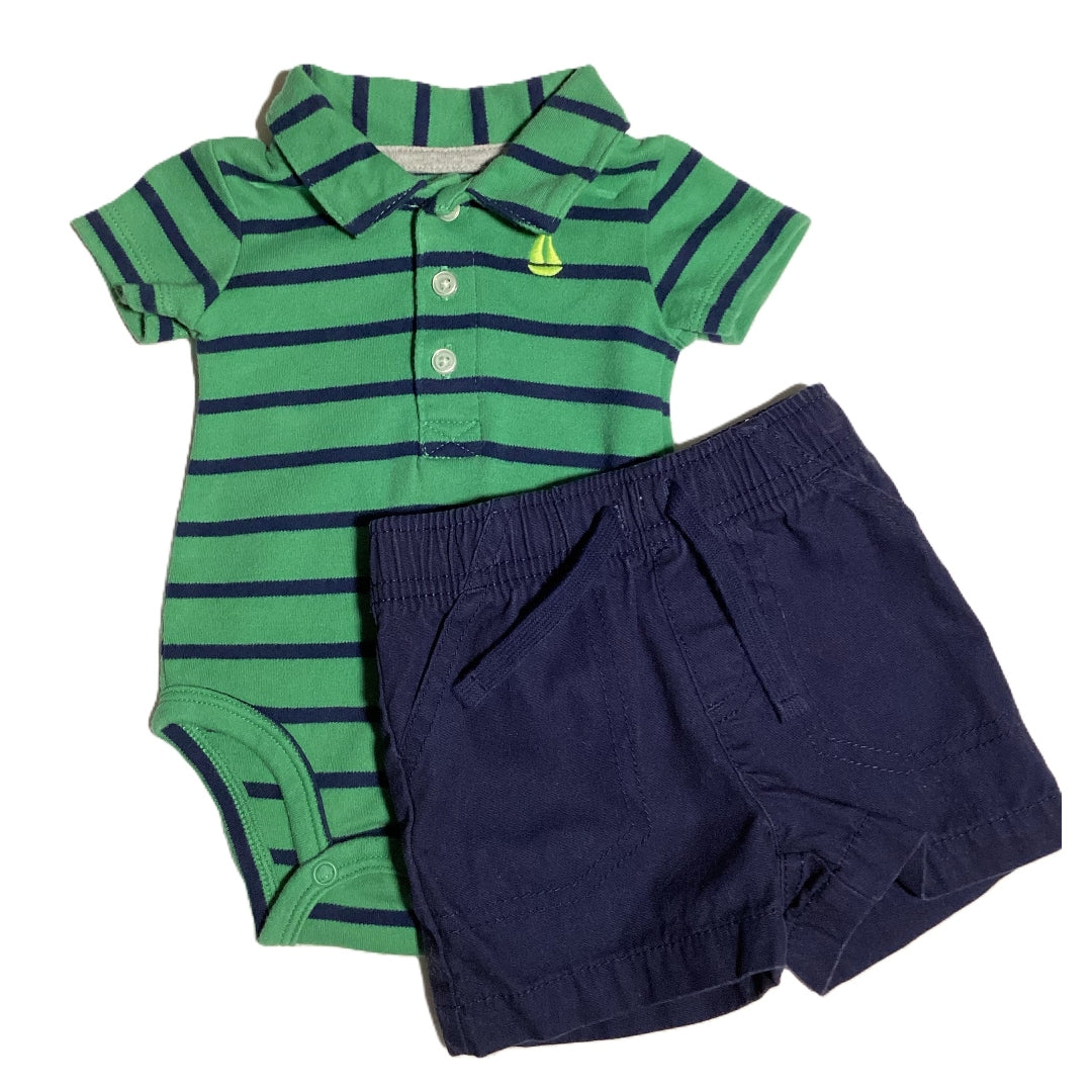 0-3 Boys Carter's Green/Blue Stripe Polo Onesie, Jumping Beans Shorts