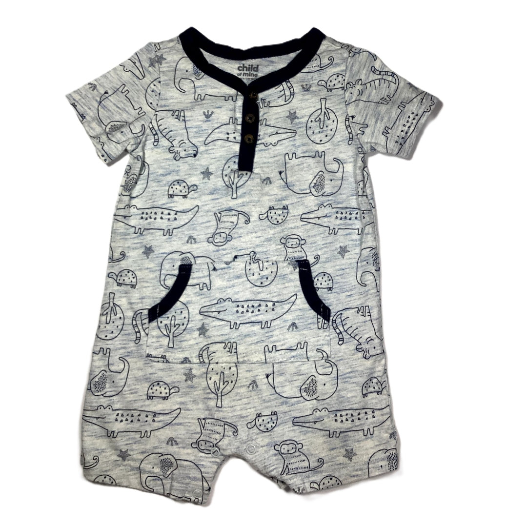 12-18 Boys Child of Mine Blue Washed Romper w/Animal Outlines