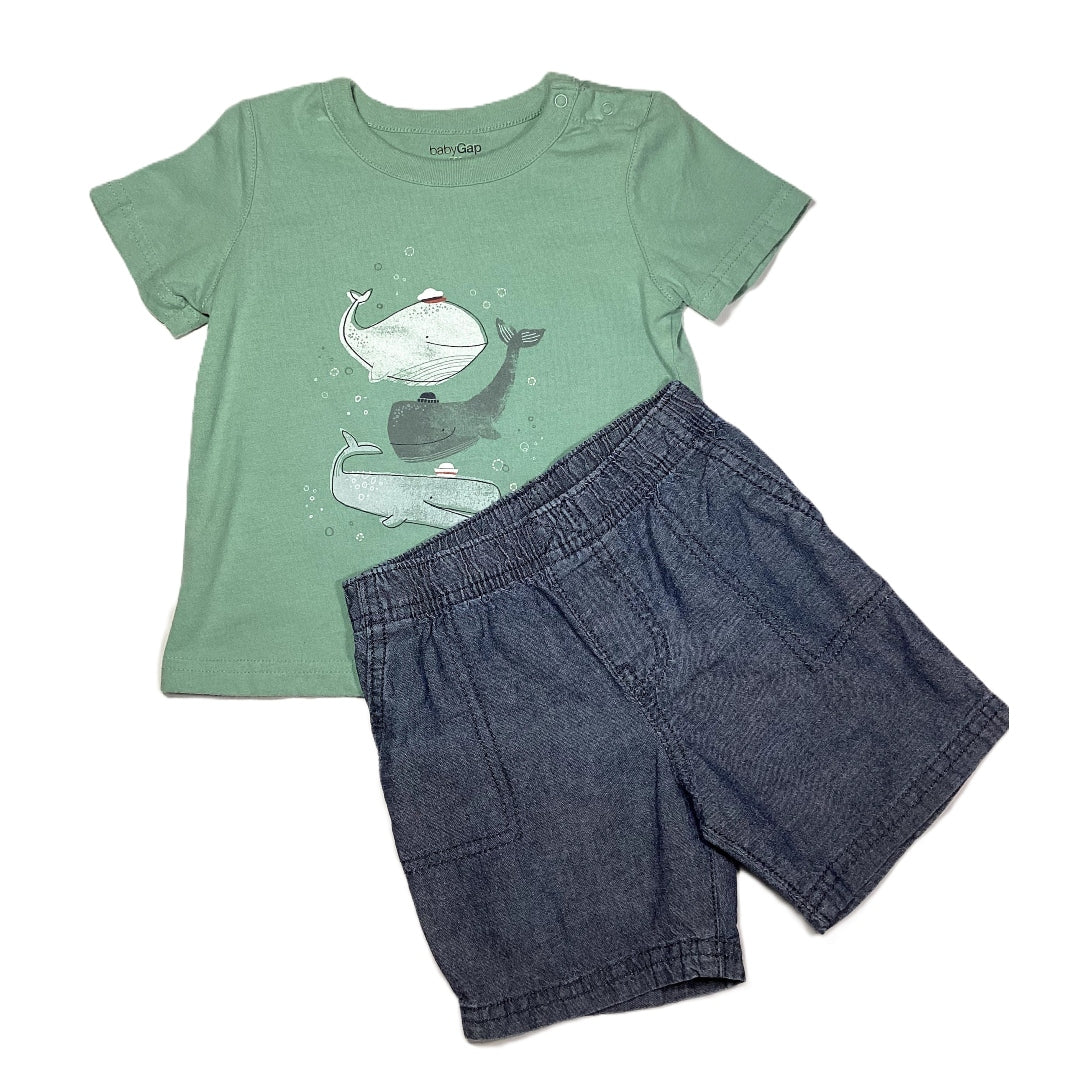 12-18 Boys Baby Gap Moss Green Tshirt w/Whales, Carter's Chambray Shorts
