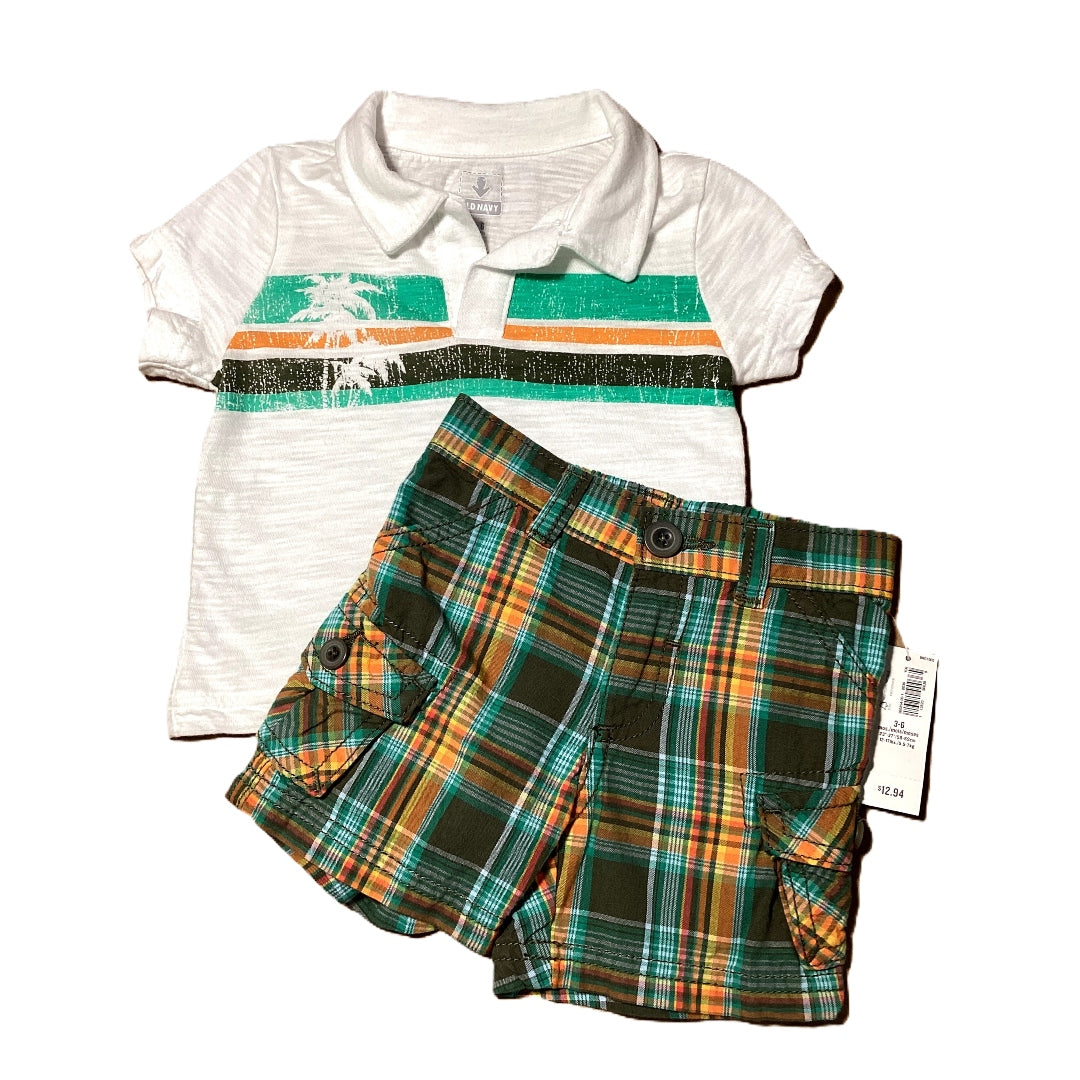 3-6 Boys Old Navy White Polo w/Orange/Green Chest Stripes, NWT Matching Shorts