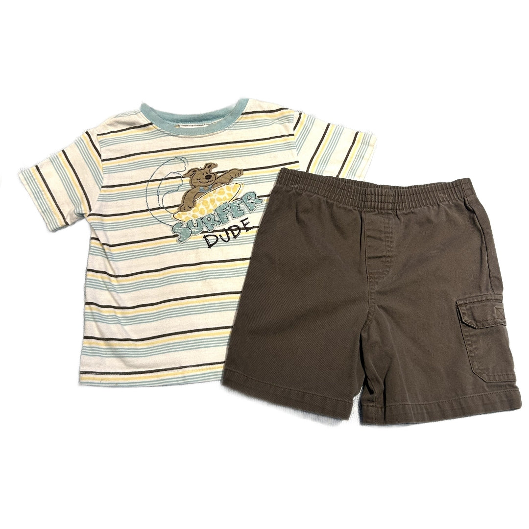 3T Boys Miniwear White/Teal Striped Surfer Dude Shirt, Miniwear Gray Cargo Shorts