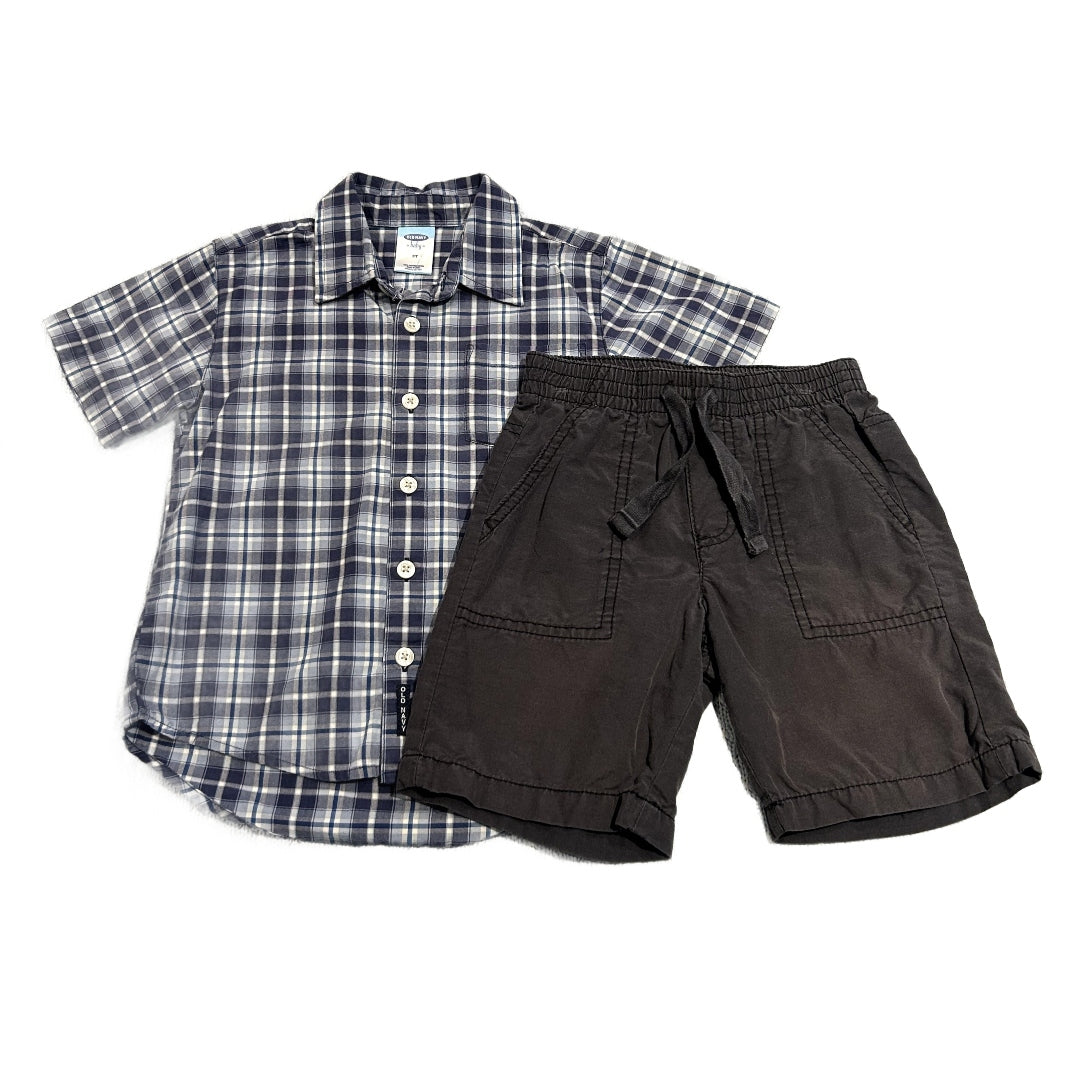 3T Boys Old Navy Blue Plaid Button Down, Old Navy Charcoal Shorts