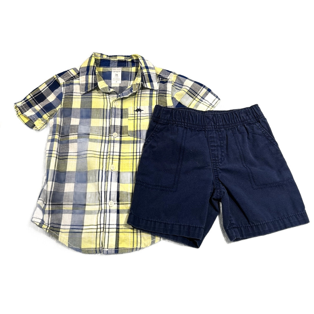 3T Boys Carter's Navy/Yellow Plaid Button Down, Carter's Navy Shorts